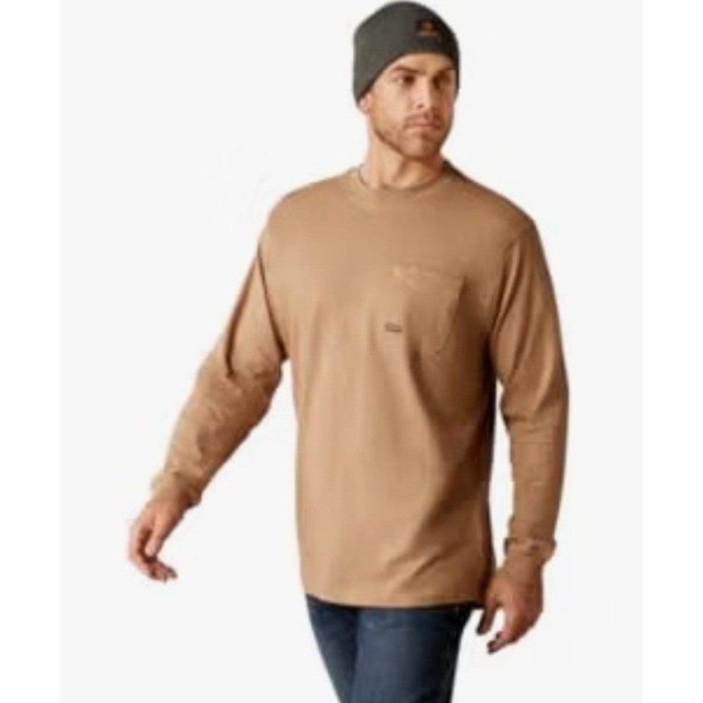 Ariat Mens Cotton T-Shirt 3XL Tan Rebar Work Hard Live Free Graphic Long Sleeve